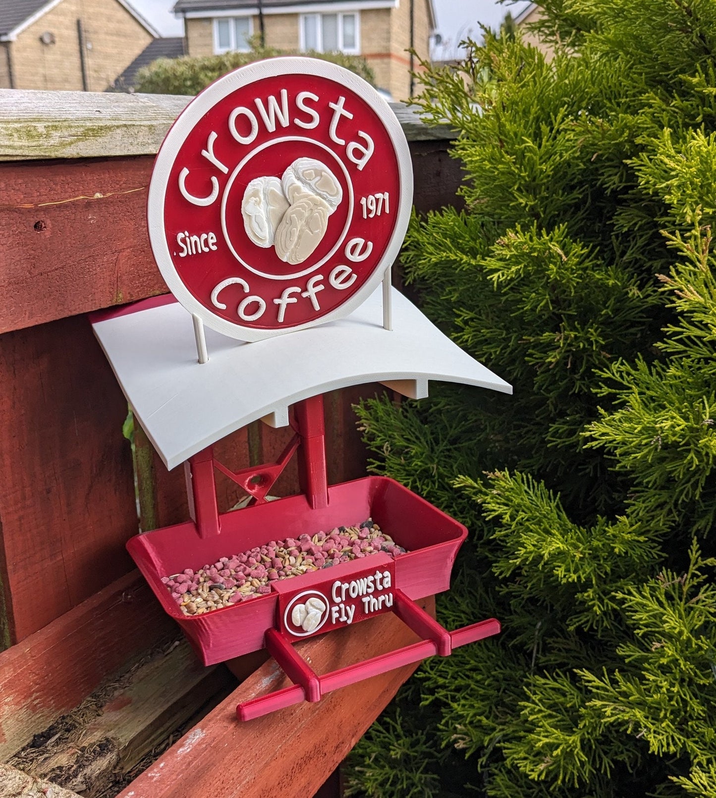 Crowsta Coffee shop 3d printed bird feeding station. Fly Thru Seed feeder table for your feathered friends including magpies and jackdaws