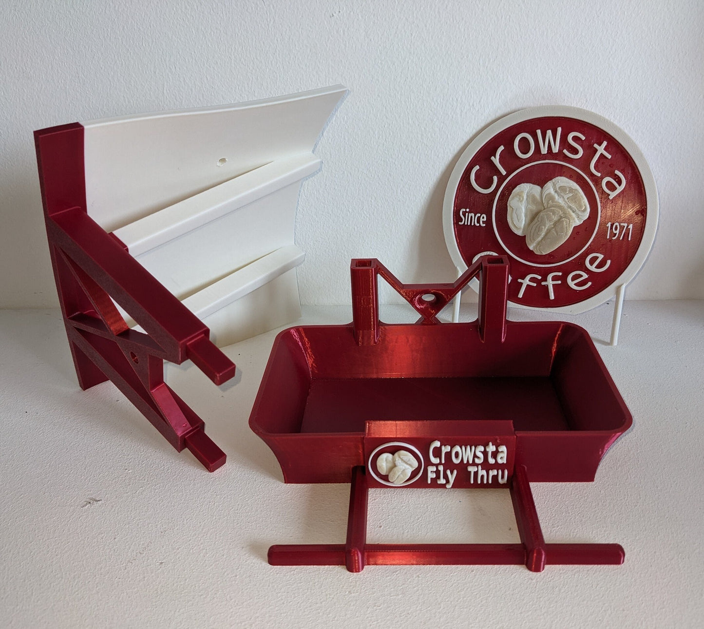 Crowsta Coffee shop 3d printed bird feeding station. Fly Thru Seed feeder table for your feathered friends including magpies and jackdaws