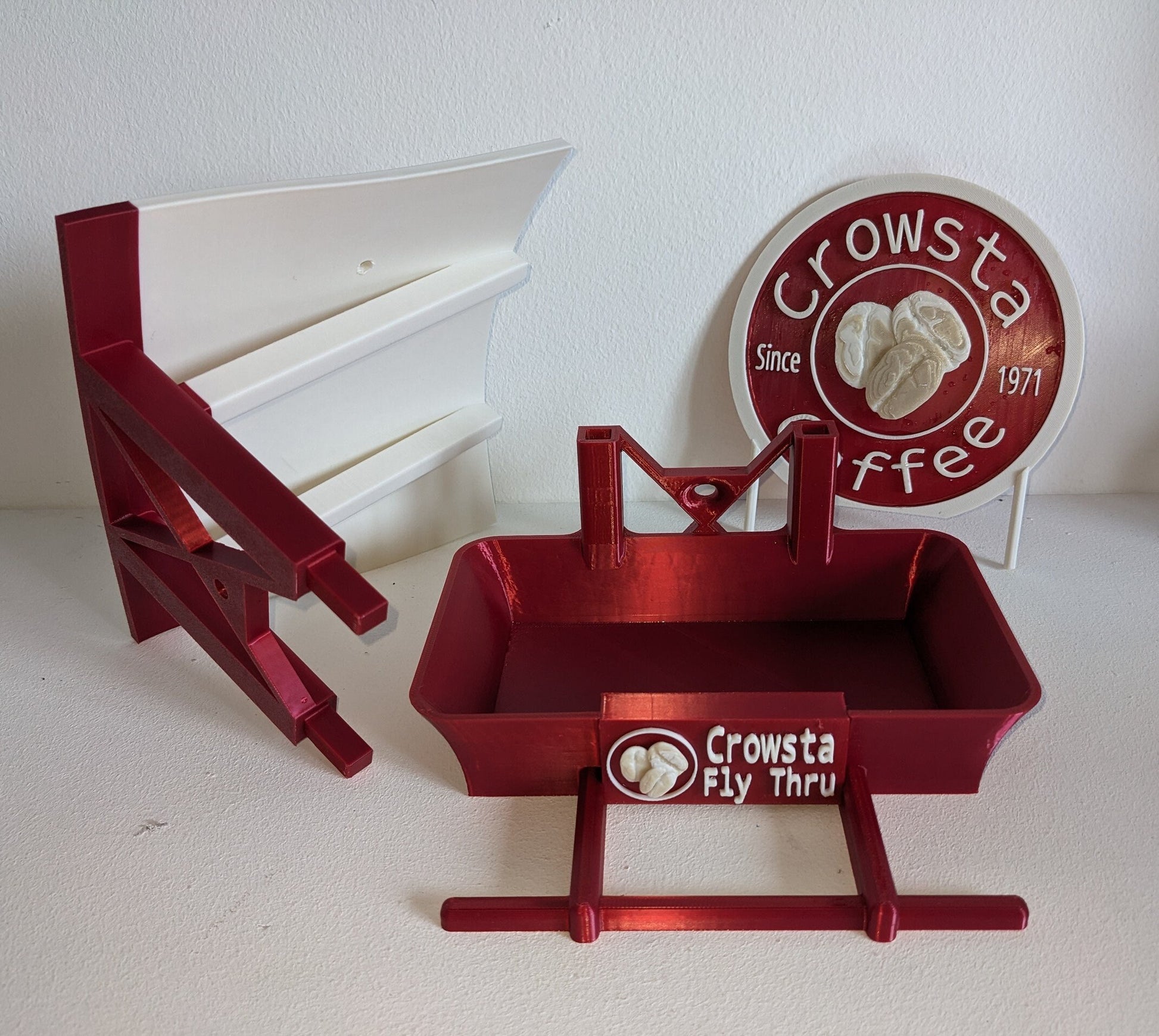 Crowsta Coffee shop 3d printed bird feeding station. Fly Thru Seed feeder table for your feathered friends including magpies and jackdaws