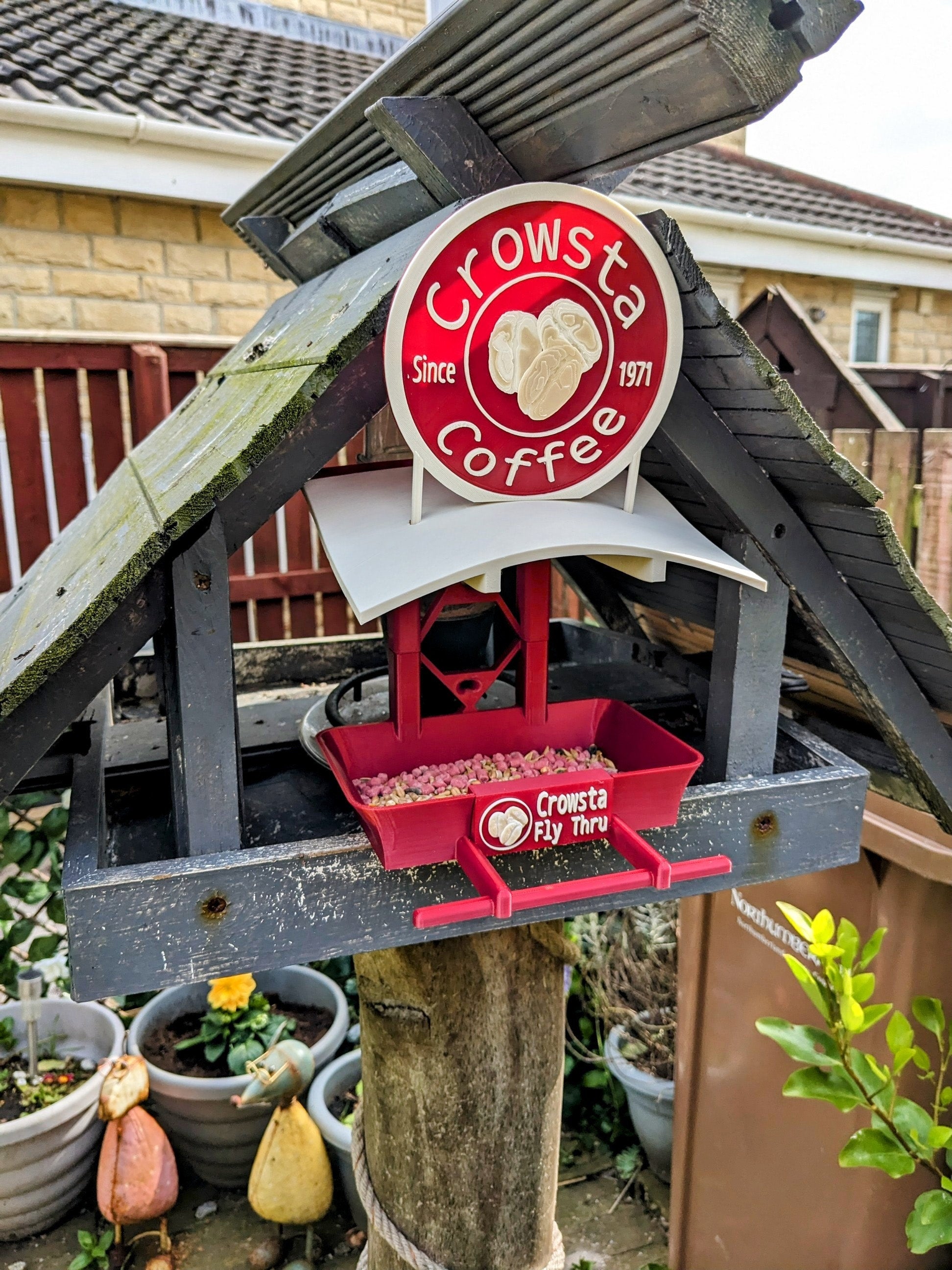 Crowsta Coffee shop 3d printed bird feeding station. Fly Thru Seed feeder table for your feathered friends including magpies and jackdaws