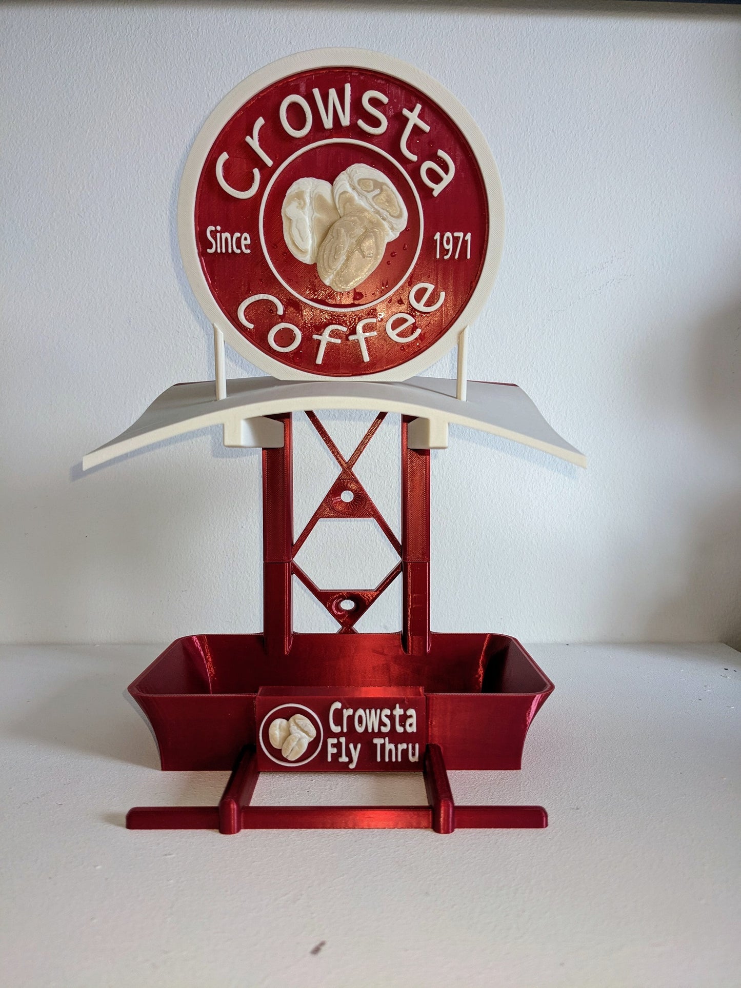 Crowsta Coffee shop 3d printed bird feeding station. Fly Thru Seed feeder table for your feathered friends including magpies and jackdaws