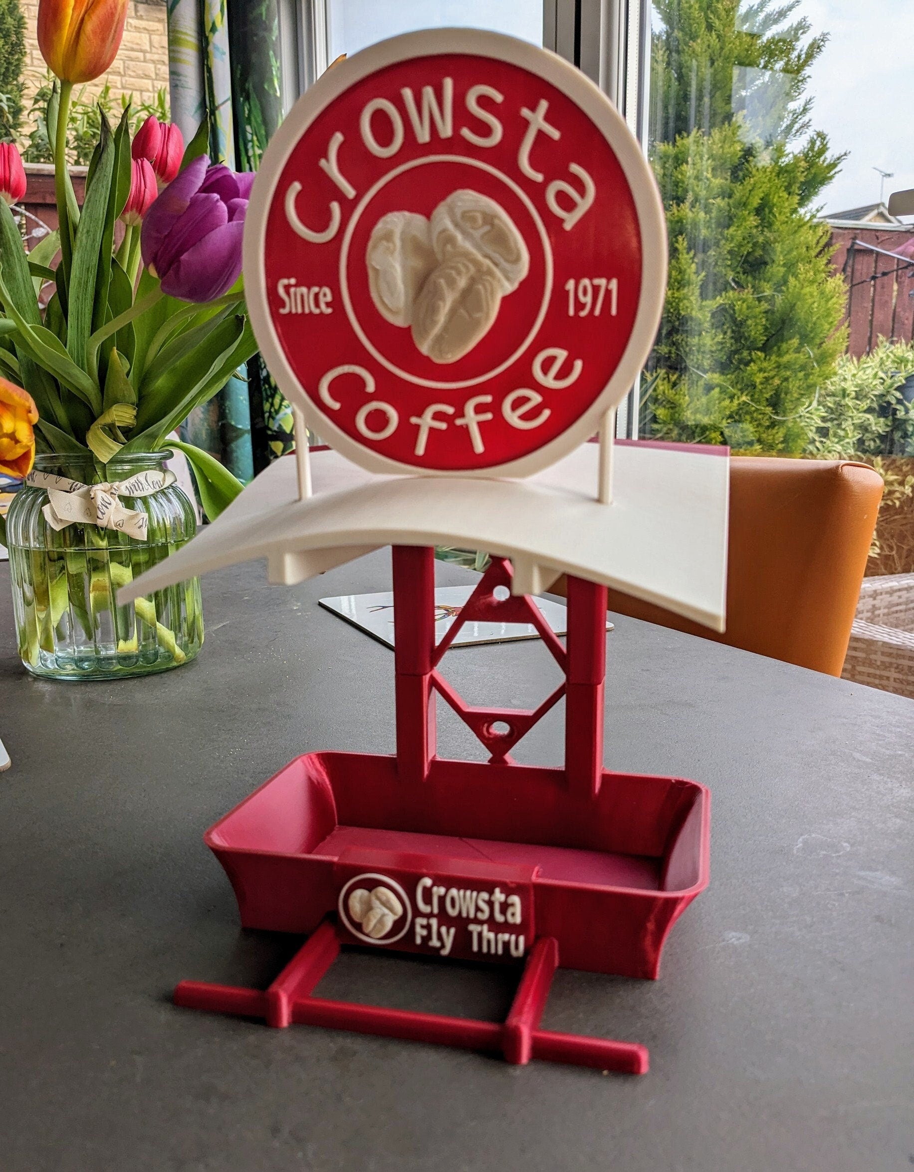 Crowsta Coffee shop 3d printed bird feeding station. Fly Thru Seed feeder table for your feathered friends including magpies and jackdaws