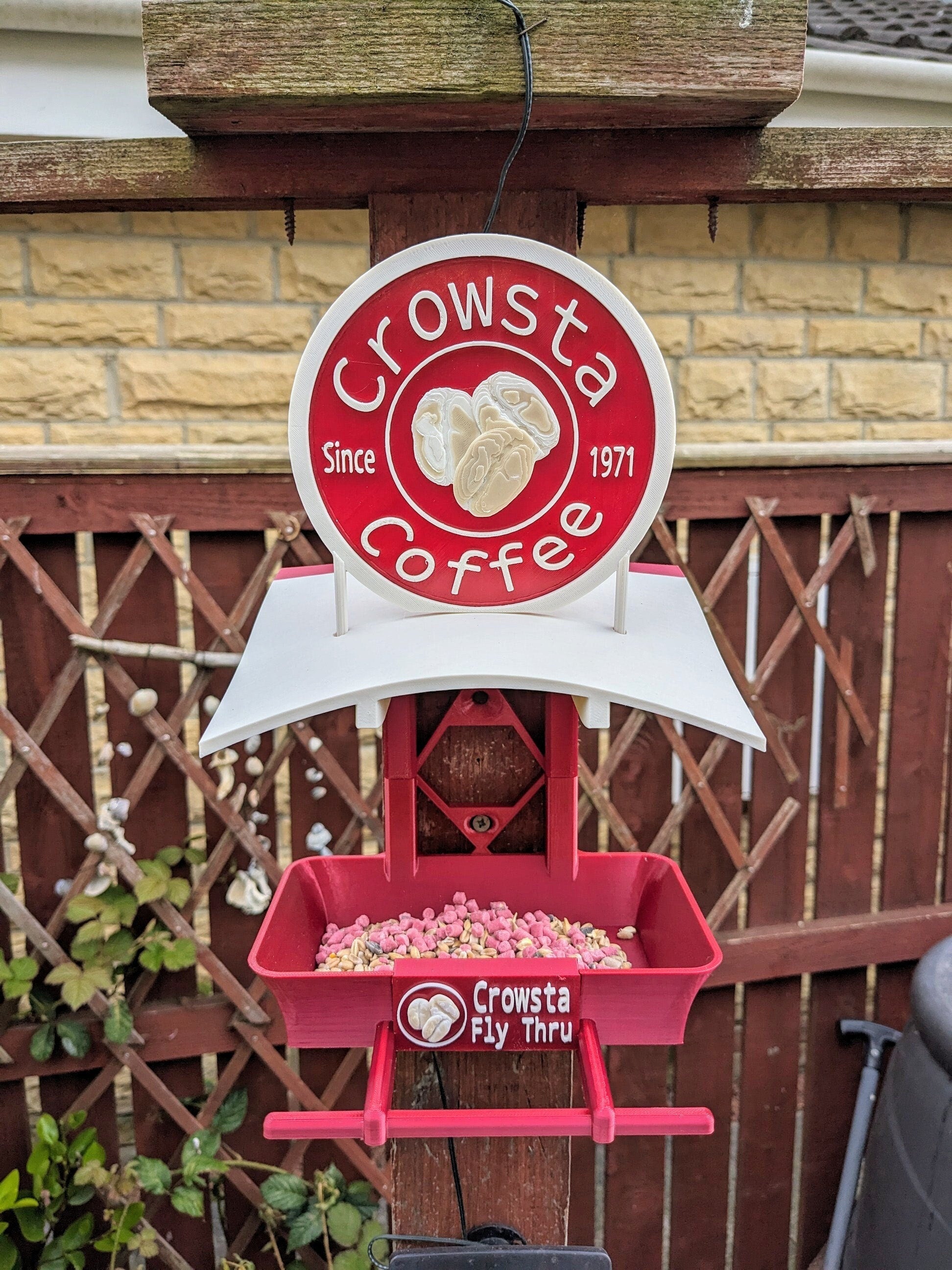Crowsta Coffee shop 3d printed bird feeding station. Fly Thru Seed feeder table for your feathered friends including magpies and jackdaws