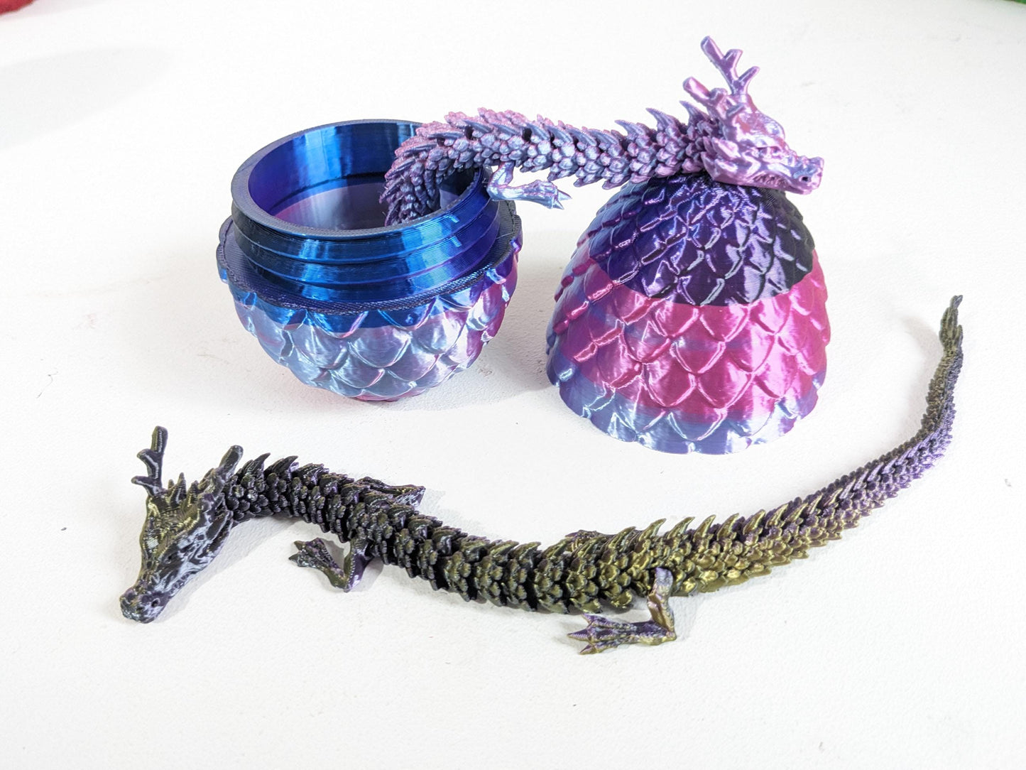Articulated Crystal slinky Dragon 3d printed horned fidget toy. Three sizes with or without egg. UK made top quality.