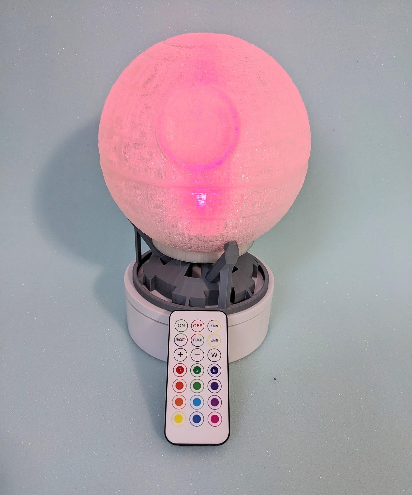 Death star night light, with optional colour changing remote control. A star wars must have collectable lamp, hand made in the UK.