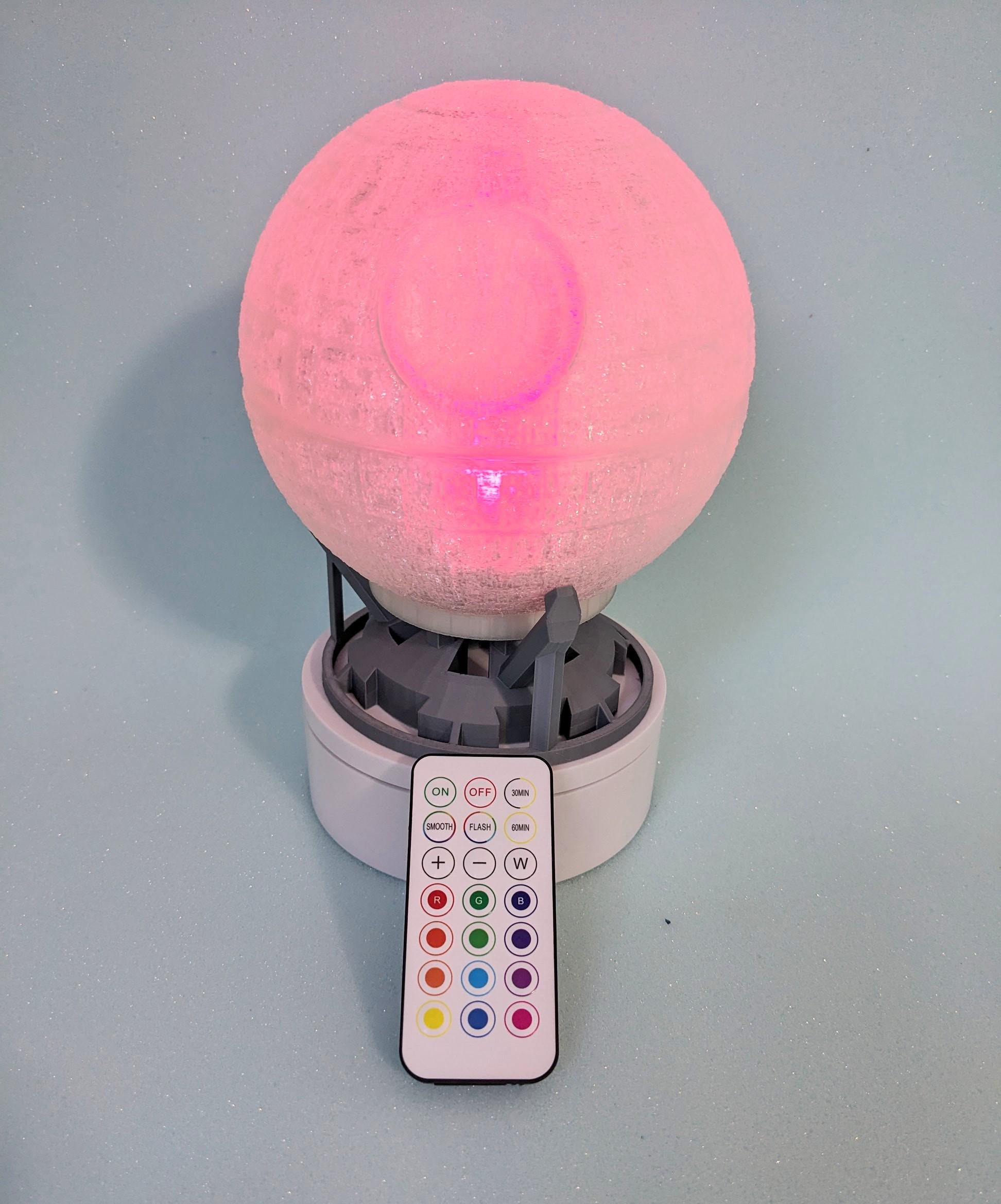 Death star night light, with optional colour changing remote control. A star wars must have collectable lamp, hand made in the UK.