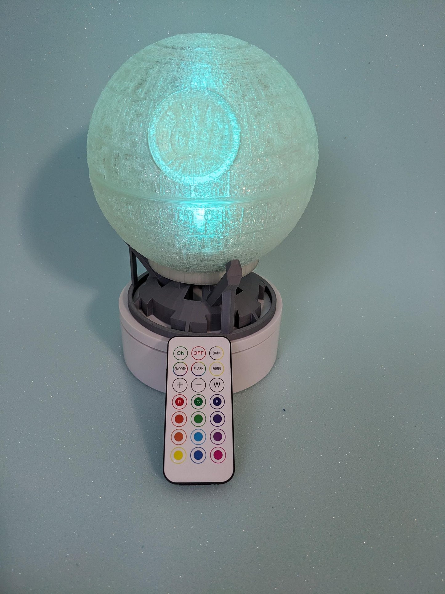 Death star night light, with optional colour changing remote control. A star wars must have collectable lamp, hand made in the UK.