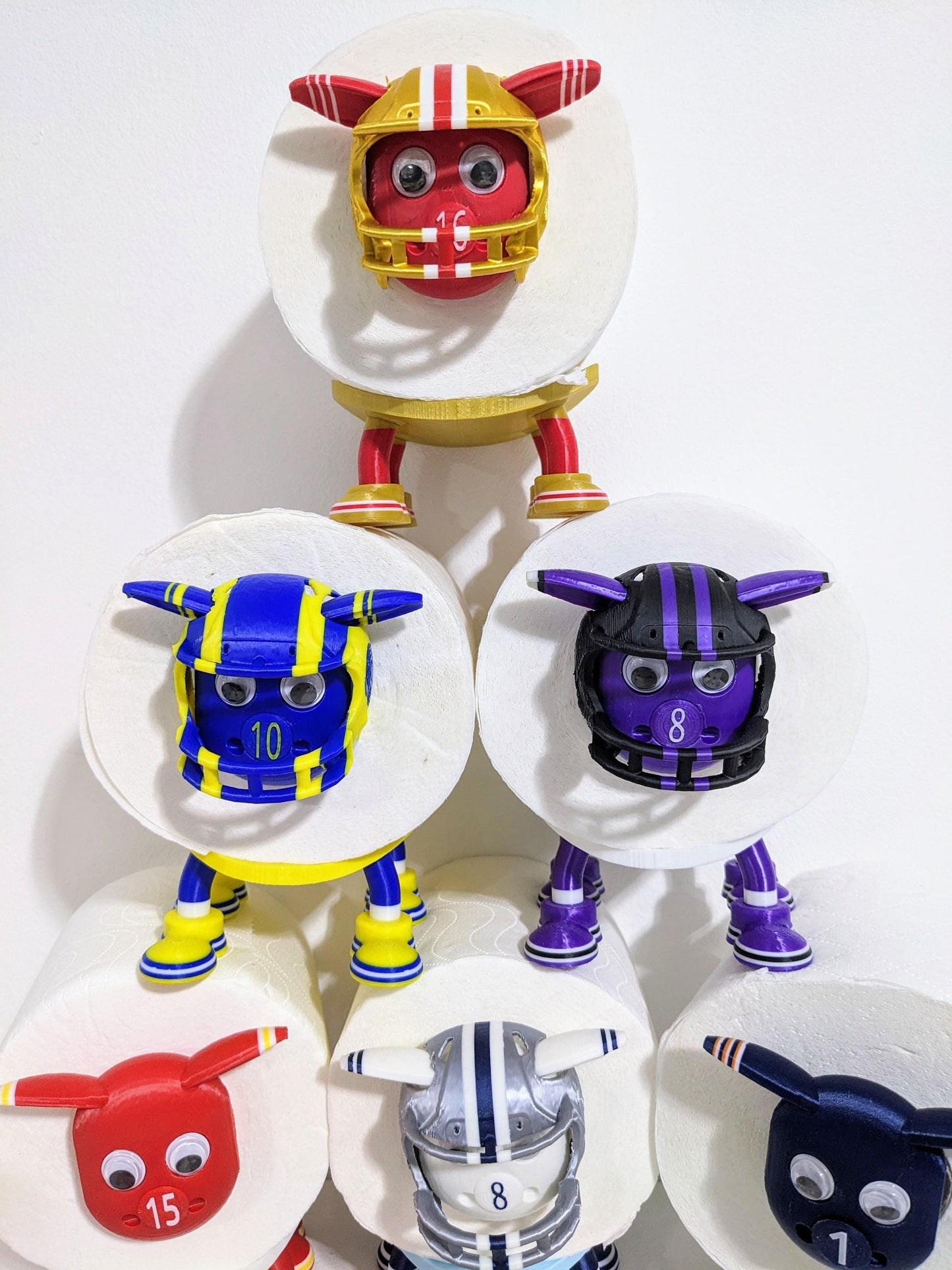 Baltimore Ravens American football sheep spare toilet roll holder, NFL themed restroom accessory personalised Jersey number & helmet