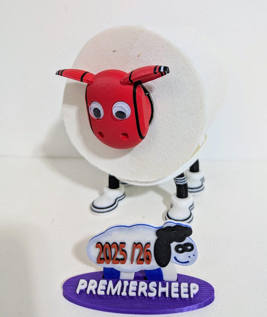 Manchester Utd Premier Sheep 2025 spare toilet roll holder or tissue dispenser cwith customised choice of Man united football boots.